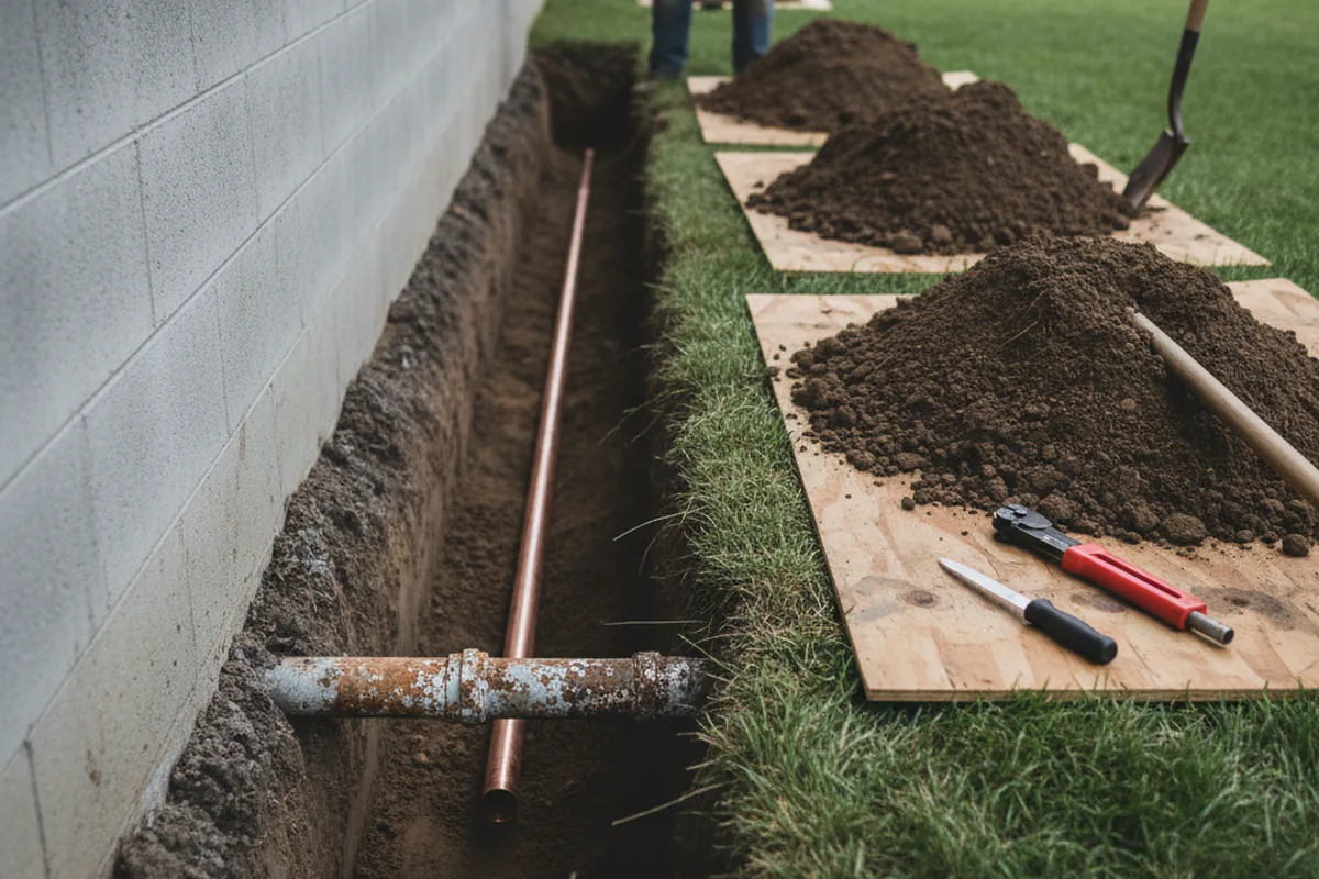 Excavated water line trench during Sewer Line Repair in Wimberley